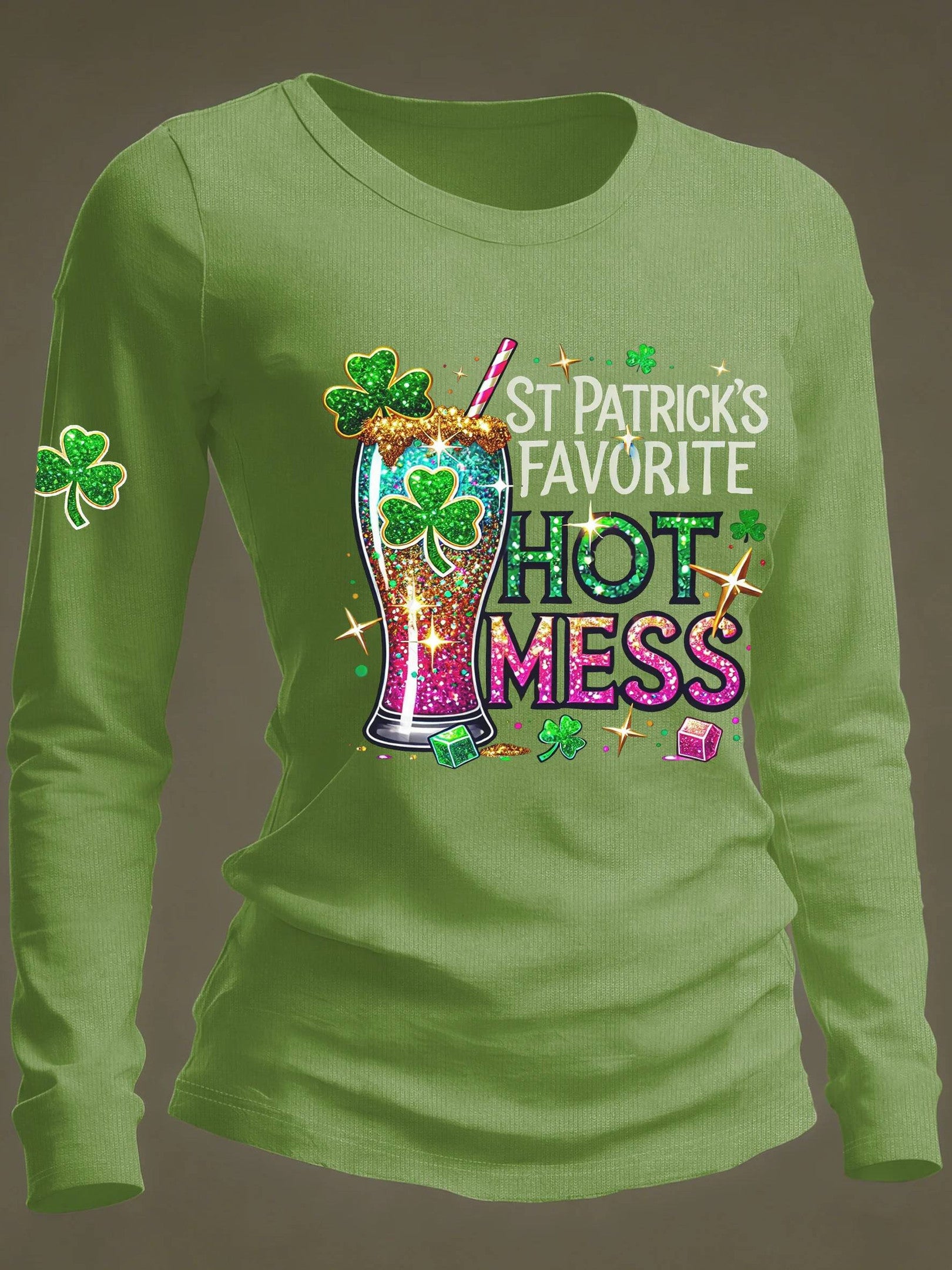  St Patrick's Hot Mess Print Long Sleeve Shirt Shamrock Shirt Gift For Women - TradiViet