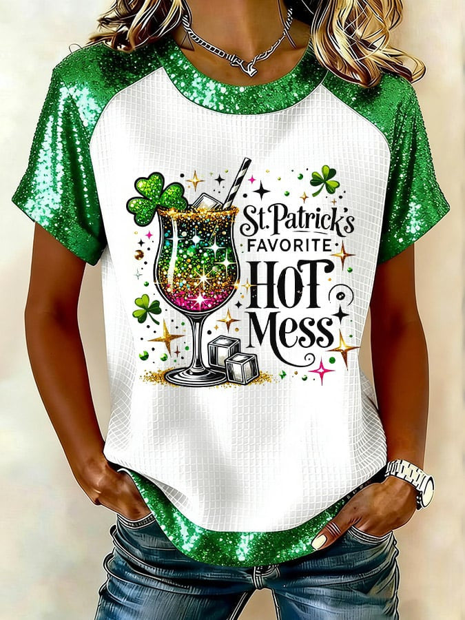  St Patrick's Hot Mess Shirt Funny Glitter Shamrock Beer T Shirt Funny Irish Tee Holiday Gift - TradiViet