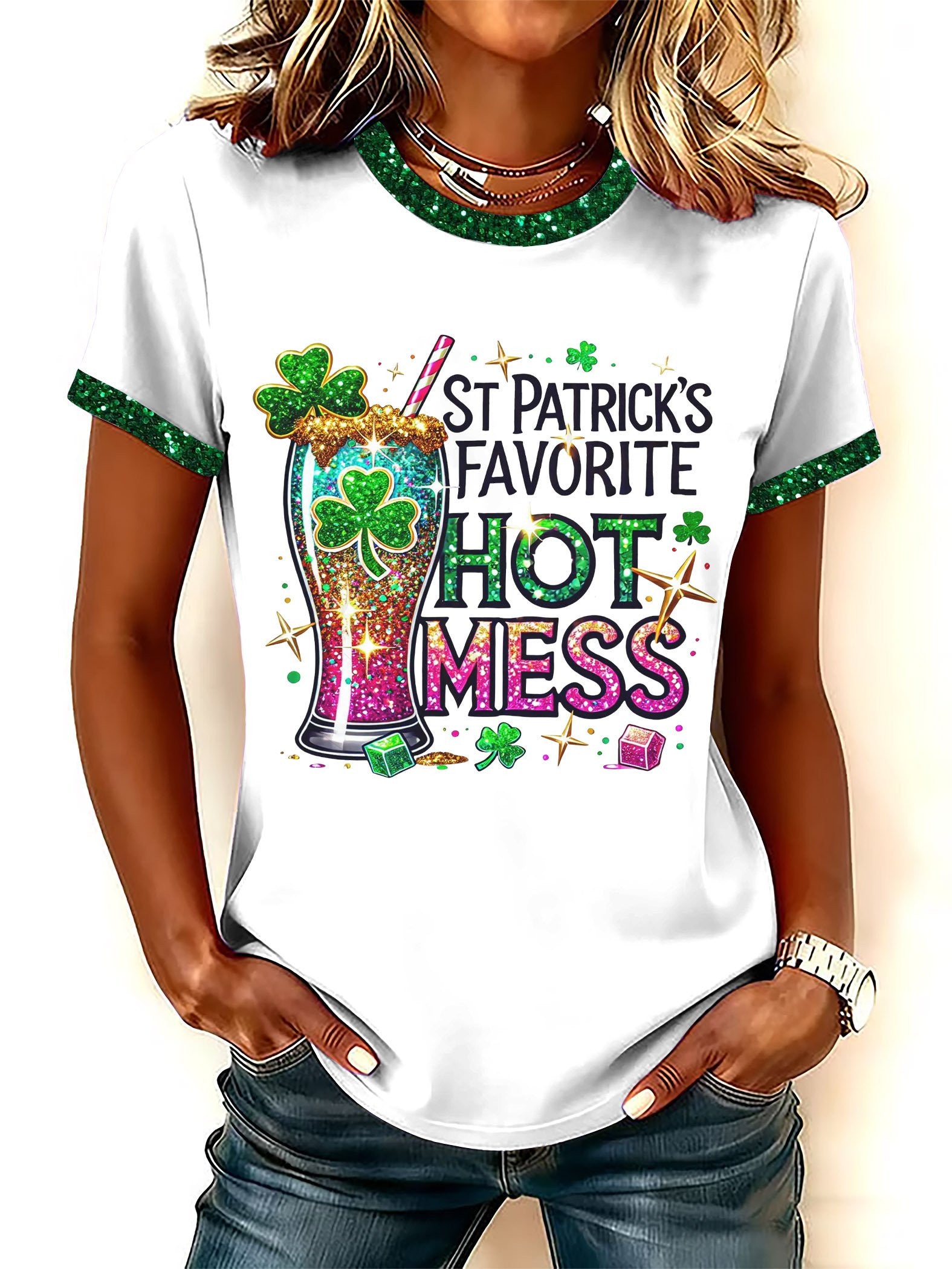  St Patrick's Hot Mess Shirt Funny Glitter Shamrock Beer T Shirt St Patty'S Day Gift Ideas - TradiViet