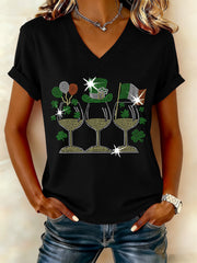  St Patty's Day Sparkly Shamrock Wine V-Neck T-Shirt Cute St Patrick's Day Gifts - TradiViet