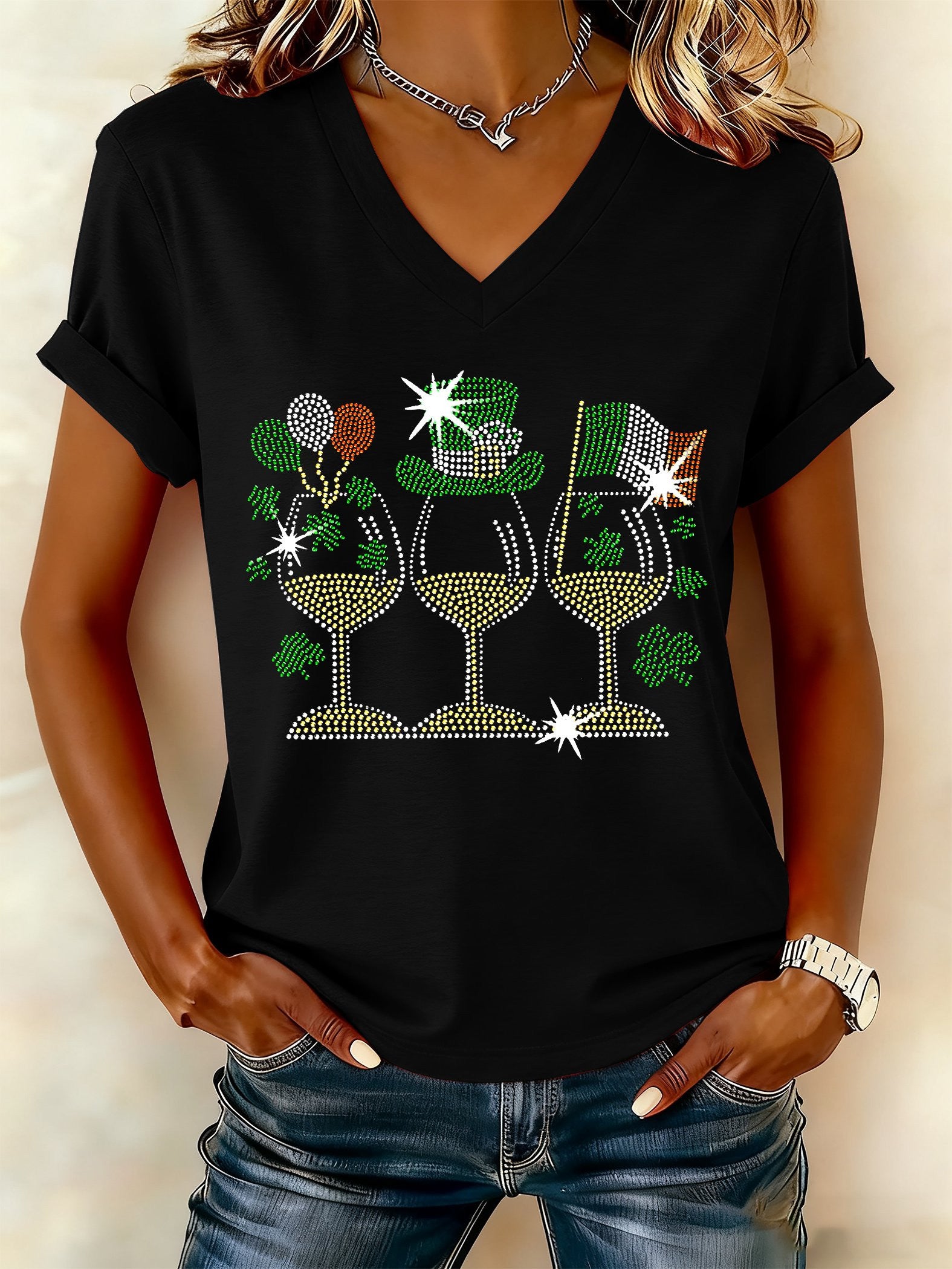  St Patty's Day Sparkly Shamrock Wine V-Neck T-Shirt Cute St Patrick's Day Gifts - TradiViet