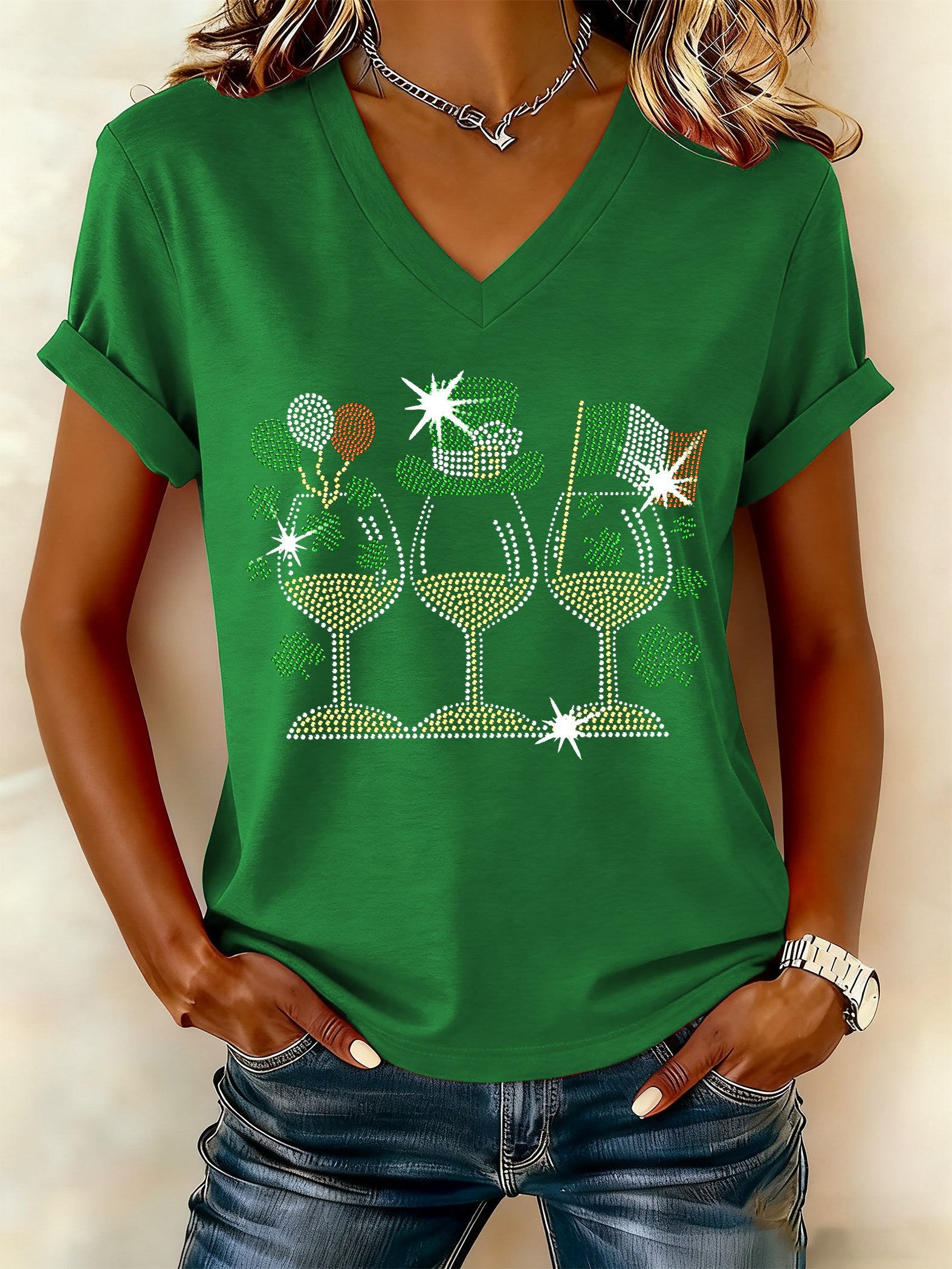  St Patty's Day Sparkly Shamrock Wine V-Neck T-Shirt Cute St Patrick's Day Gifts - TradiViet