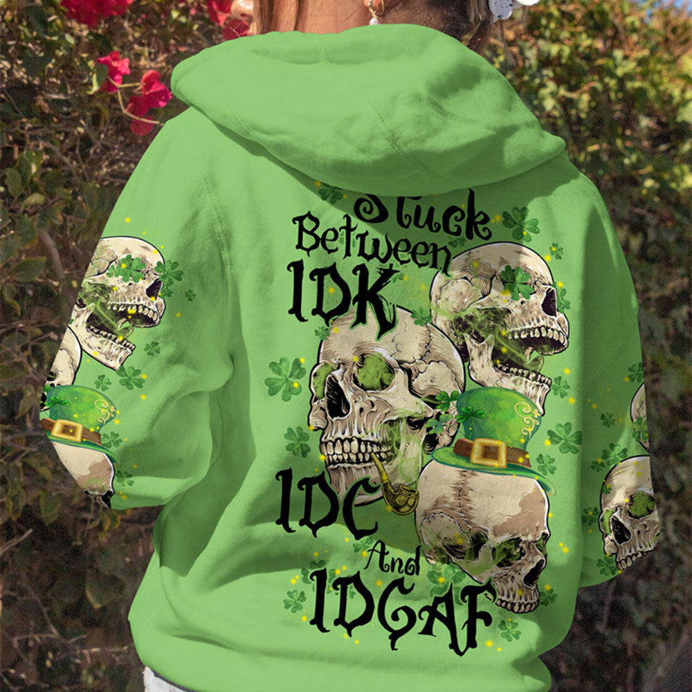 Stuck Between Idk Idc And Idgaf 3 Skulls Patrick_S Day Hoodie Skull Merch Mothers Birthday Gifts - Lilybirchmarket