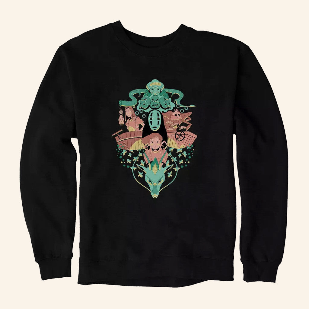 Studio Ghibli Merch Spirited Away Chihiro And No Face Group Crest Sweatshirt Gifts For Wife - Lilybirchmarket