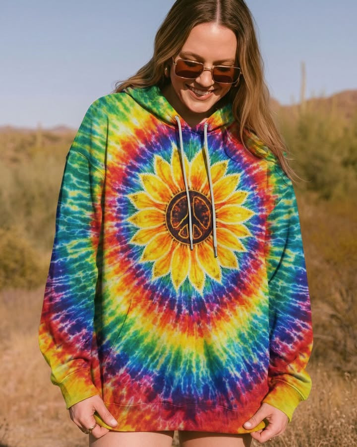 Sunflower Peace Tie Dye Hoodie Hippie Hooded Sweatshirt Apparel Gifts For Her - Lilybirchmarket