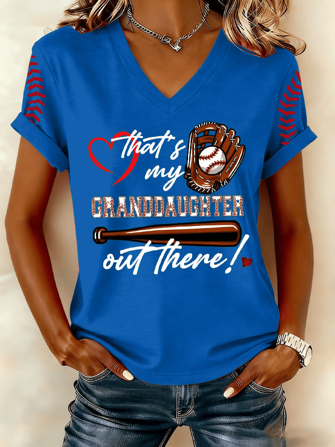  That's My Granddaughter Out There Baseball V-Neck T-shirt Game Day Merch Gifts For Her Baseball Lover - TradiViet