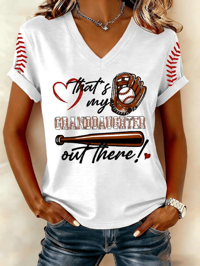  That's My Granddaughter Out There Baseball V-Neck T-shirt Game Day Merch Gifts For Her Baseball Lover - TradiViet