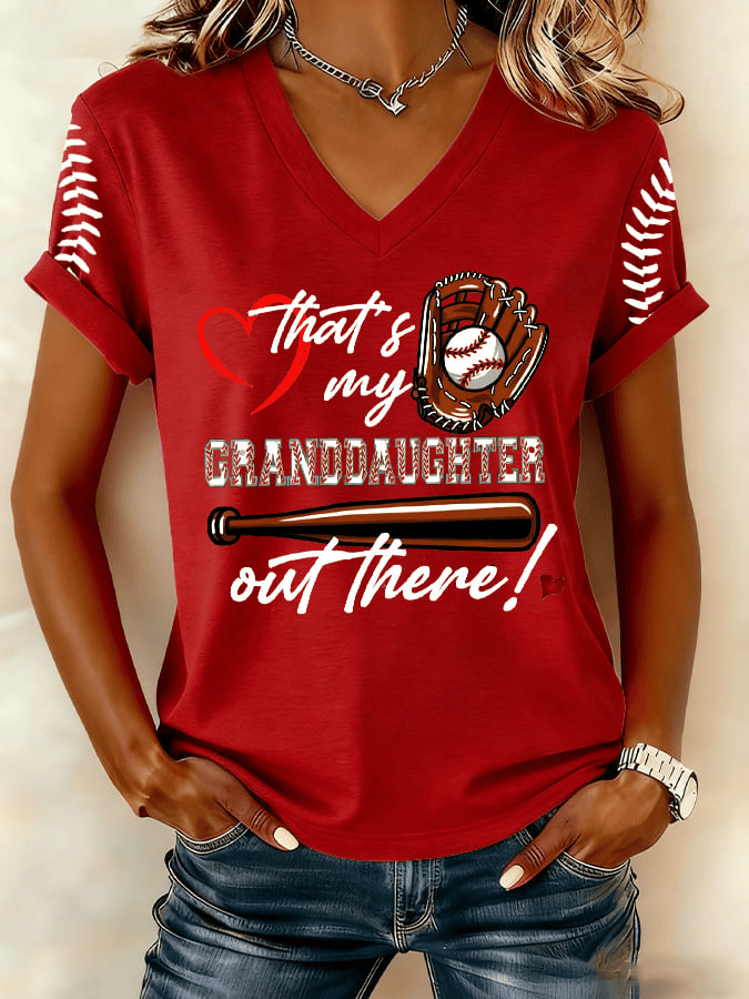  That's My Granddaughter Out There Baseball V-Neck T-shirt Game Day Merch Gifts For Her Baseball Lover - TradiViet