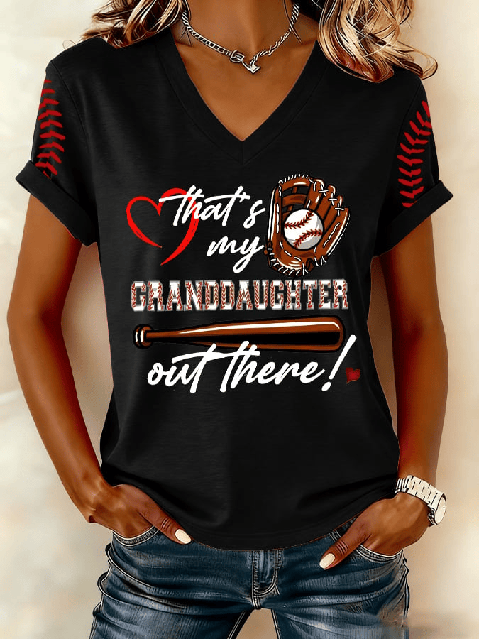 That's My Granddaughter Out There Baseball V-Neck T-shirt Game Day Merch Gifts For Her Baseball Lover - TradiViet
