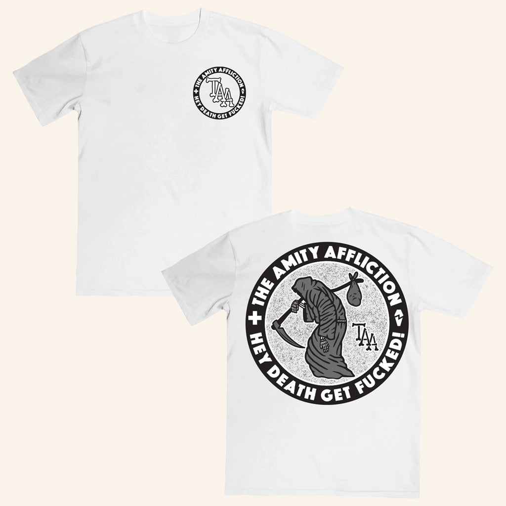 The Amity Affliction Merch Hey Death Get Fcked White T-Shirt Gifts For Dudes - Lily Birch Market