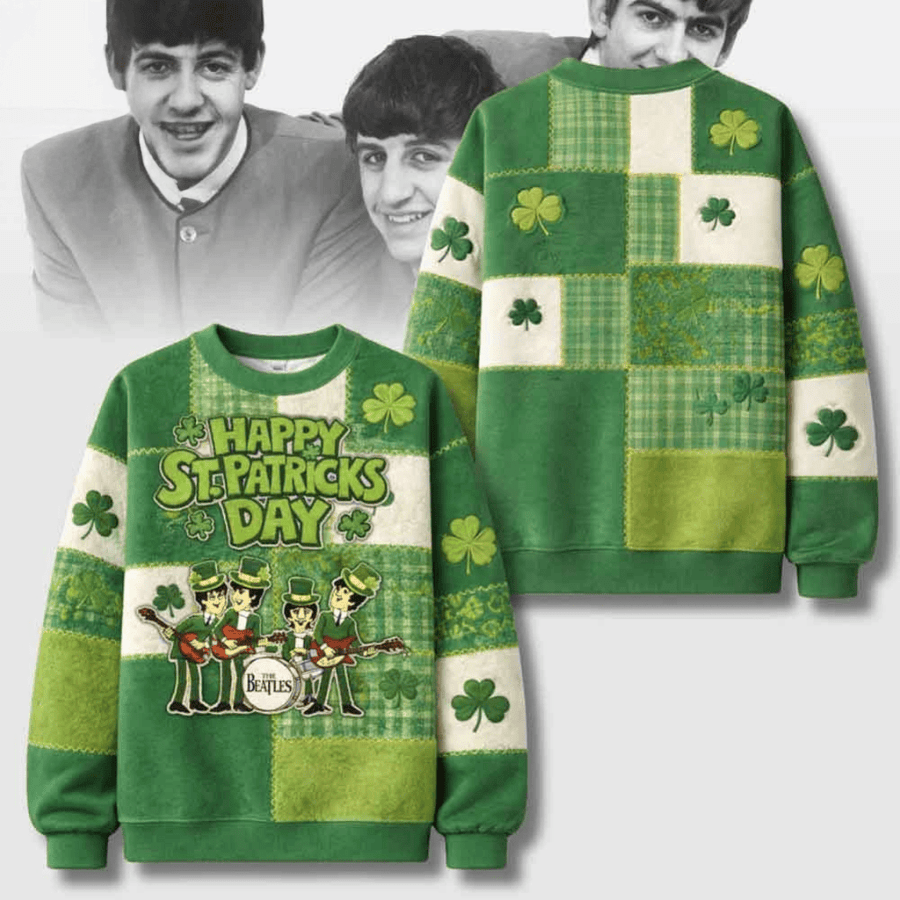 The Beatles Cartoon St Patrick's Day Green Patchwork Sweatshirt The Beatles Merch Fans Gifts - Lily Birch Market