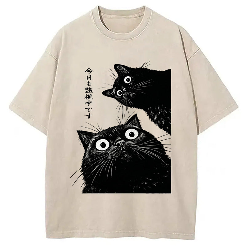 The Cat Is Watching Today Washed T-Shirt Soft Comfortable Daily T Shirt Gifts For Friends - Lily Birch Market