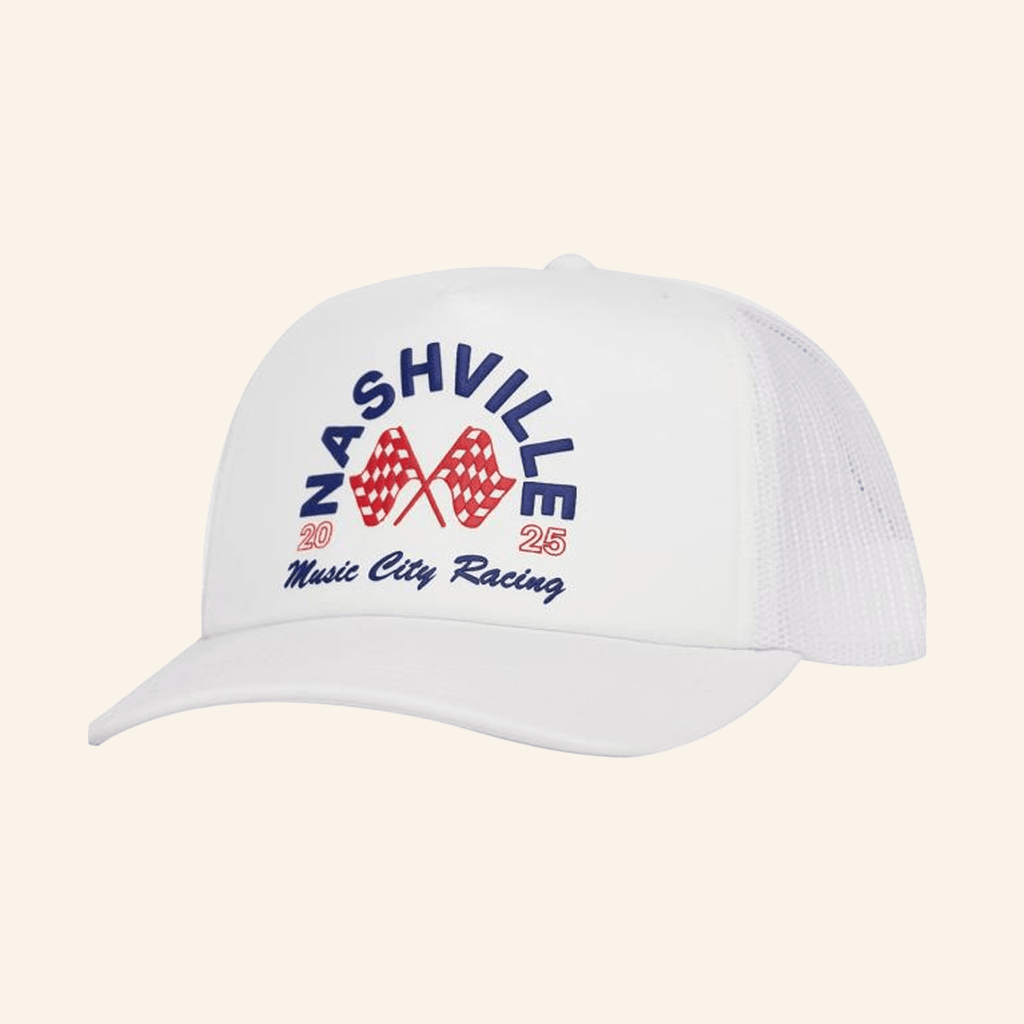 The Nash Collection Merch Nashville Racing Americana White Trucker Hat Embroidered Him Gifts - Lilybirchmarket