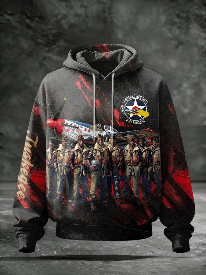Tuskegee Airmen Red Tails Hoodie P 51 Mustang Tribute Hoodie African American Military Merch - Lilybirchmarket