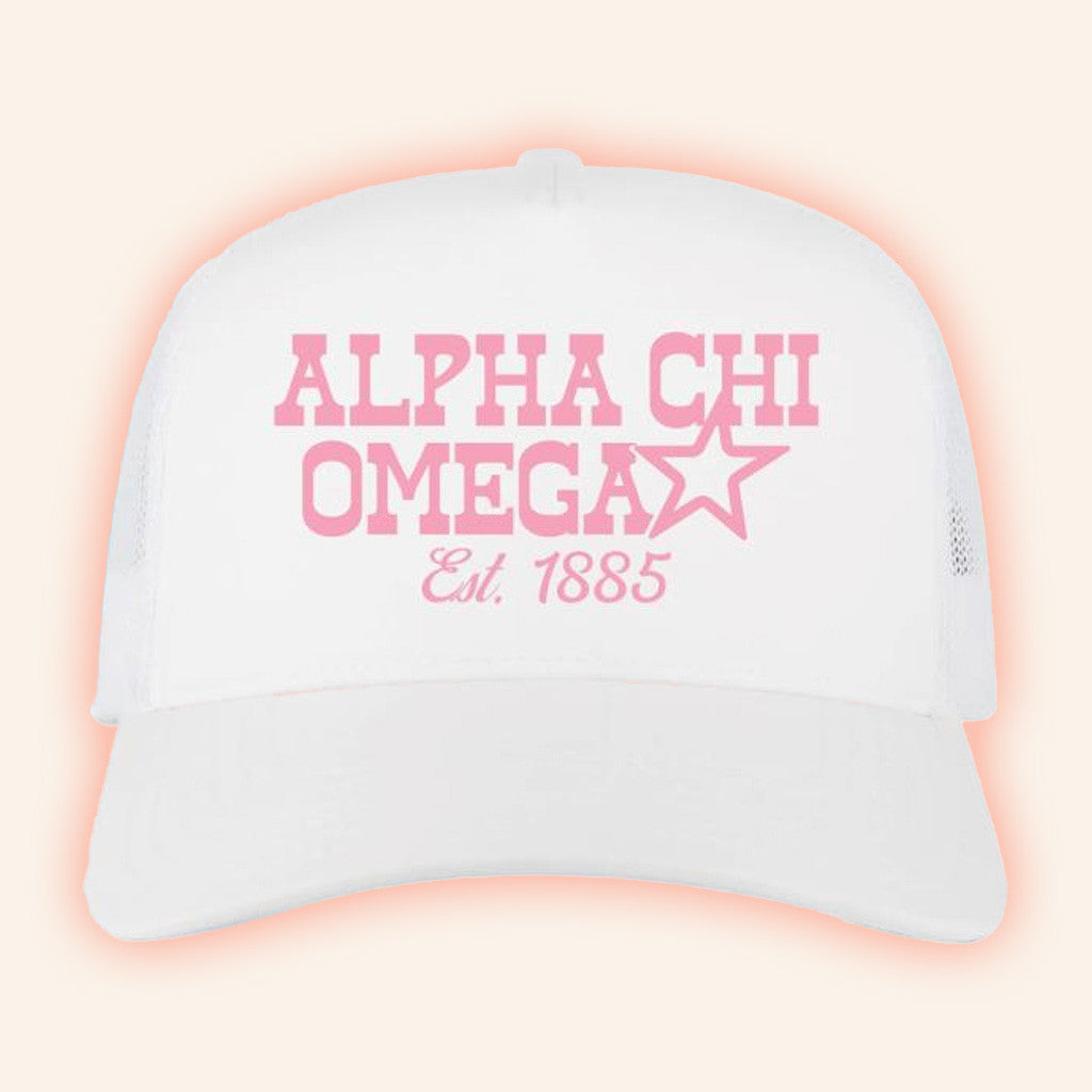 University Tees Merch Alpha Chi Omega Est 1885 Trucker Hat Gift Ideas For Her - Lilybirchmarket