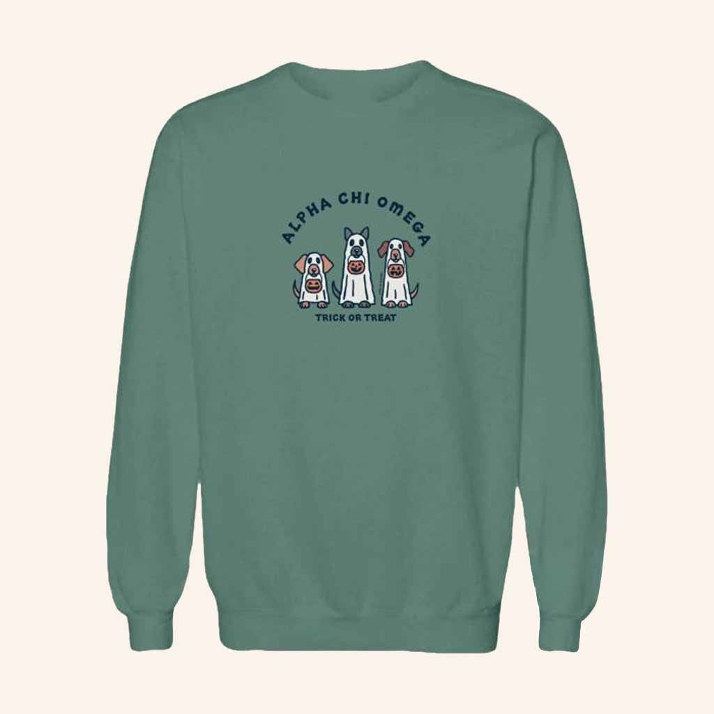 University Tees Merch Alpha Chi Omega Trick Or Treat Sweatshirt Gift For Halloween - Lilybirchmarket