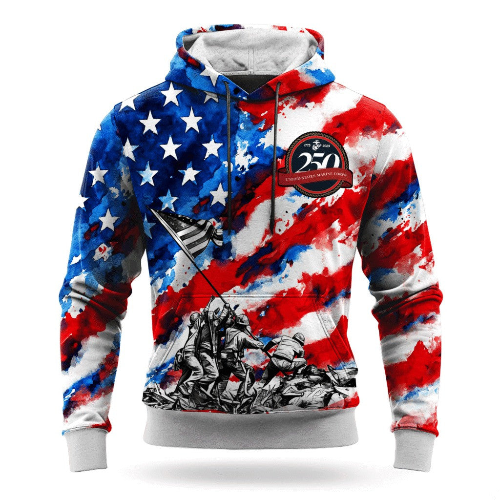 USMC 250Th Anniversary American Flag Hoodie Marine Corps Veteran Apparel Best Veteran Gifts - Lilybirchmarket