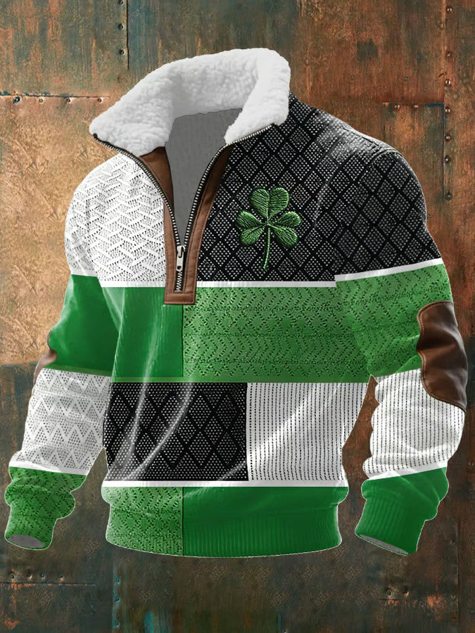 Vintage Irish Saint Patrick's Day Shamrock Zipper Fur Collar Sweatshirt Irish Theme Gift Ideas - Lily Birch Market