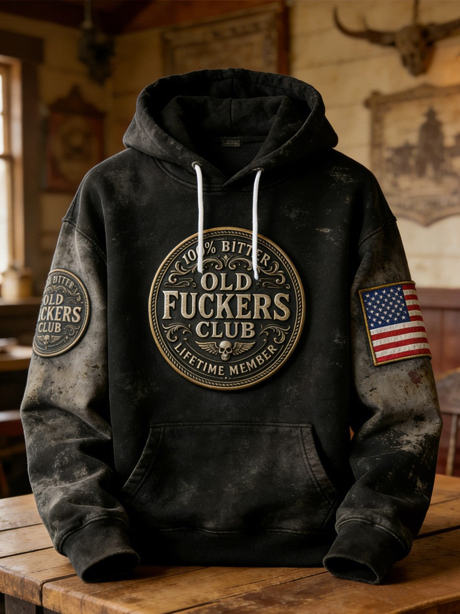 Vintage Old Fuckers Club Emblem Flag Hoodie Men's Lifetime Member Funny Slogan Apparel For Sale - Lilybirchmarket