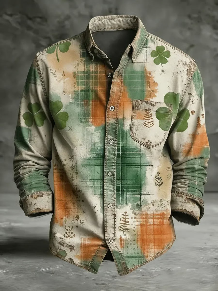  Vintage Shamrock Saint Patrick's Day Long Sleeve Button Up Shirt Men's St Patricks Day Shirt - TradiViet