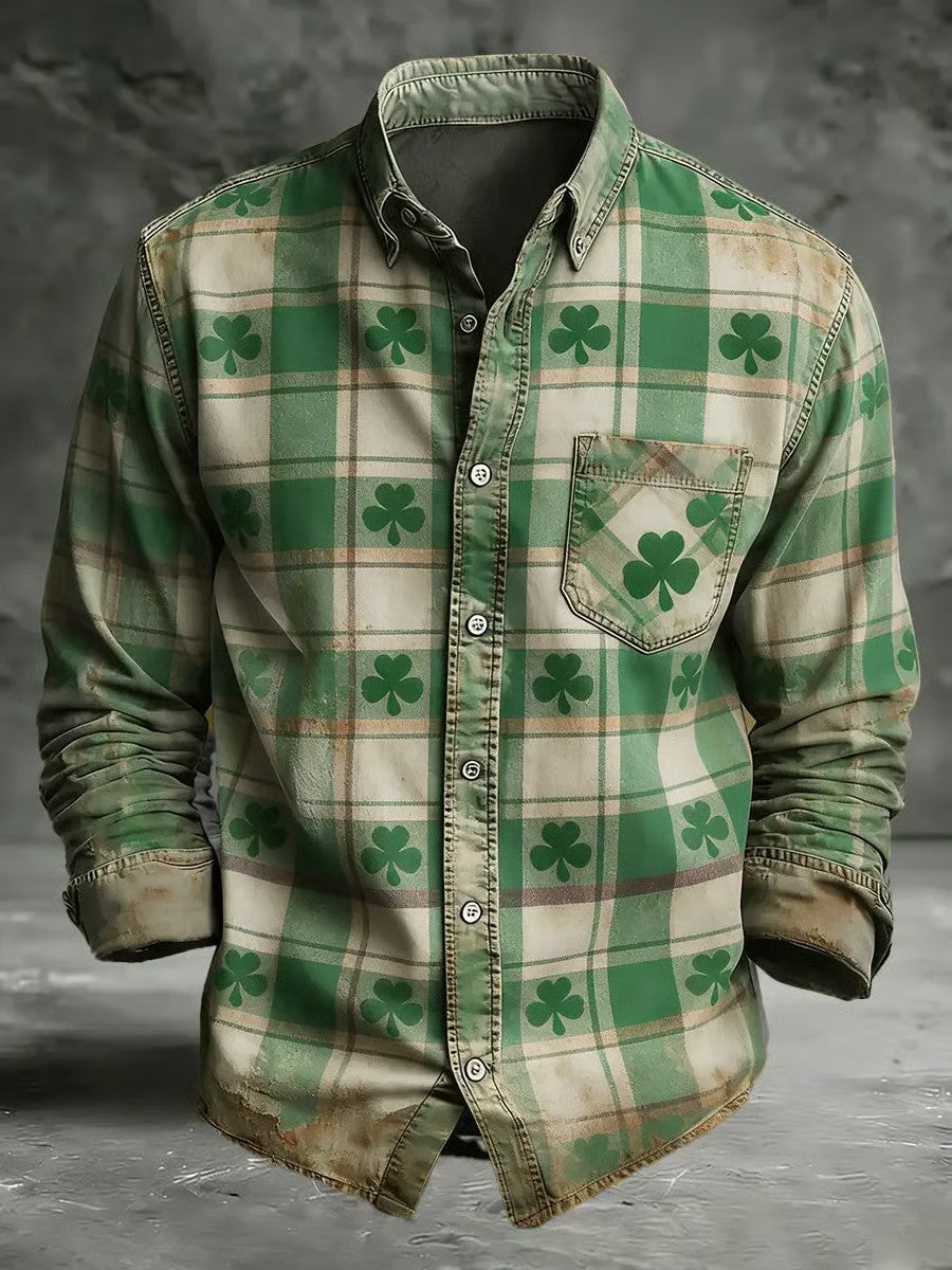  Vintage Shamrock St Patrick's Day Long Sleeve Button Up Shirt Green St Patrick's Day Shirts - TradiViet