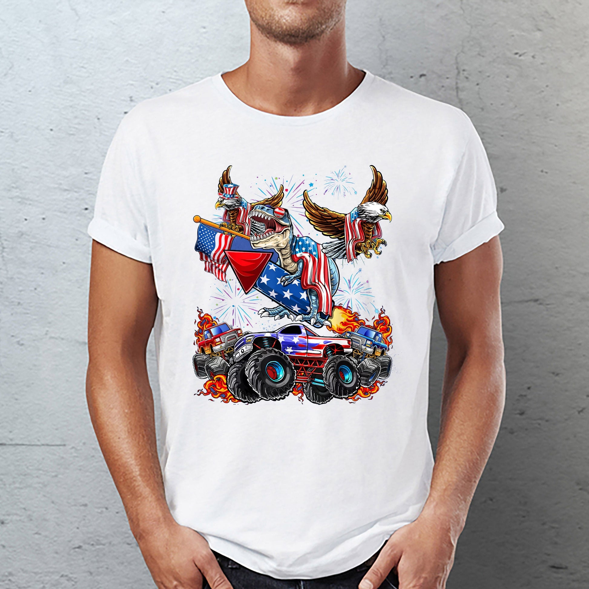 4th Of July Dinosaur Monster Truck Bald Eagle American Flag Classic Unisex T-Shirt Gildan 5000 (Made In US) DLQD1204PT05