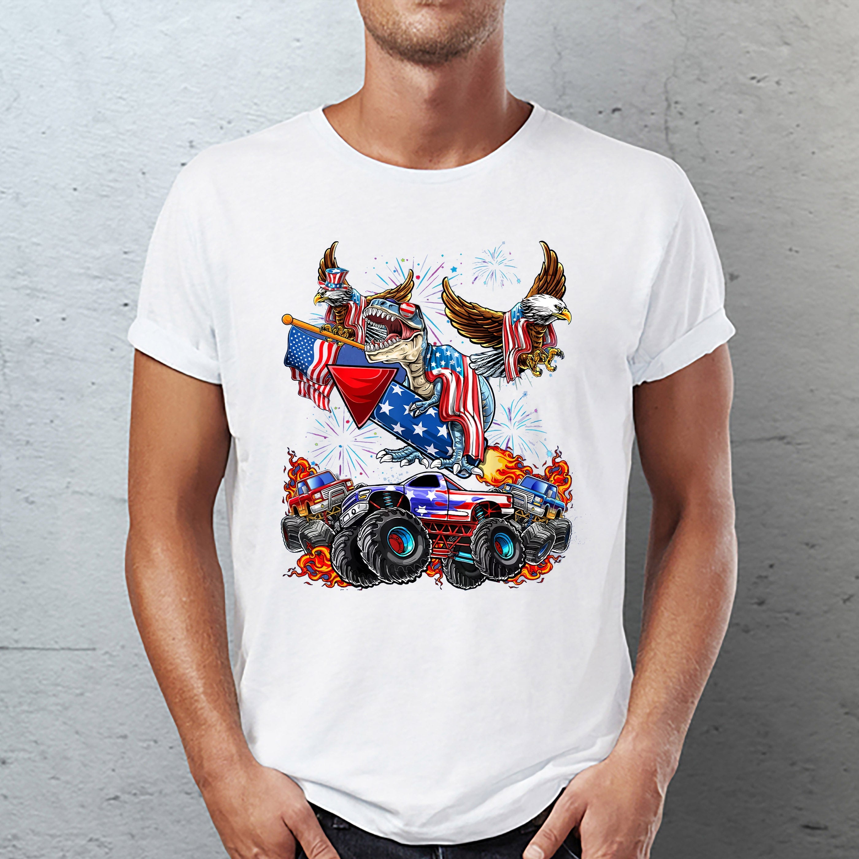 4th Of July Dinosaur Monster Truck Bald Eagle American Flag Classic Unisex T-Shirt Gildan 5000 (Made In US) DLQD1204PT05