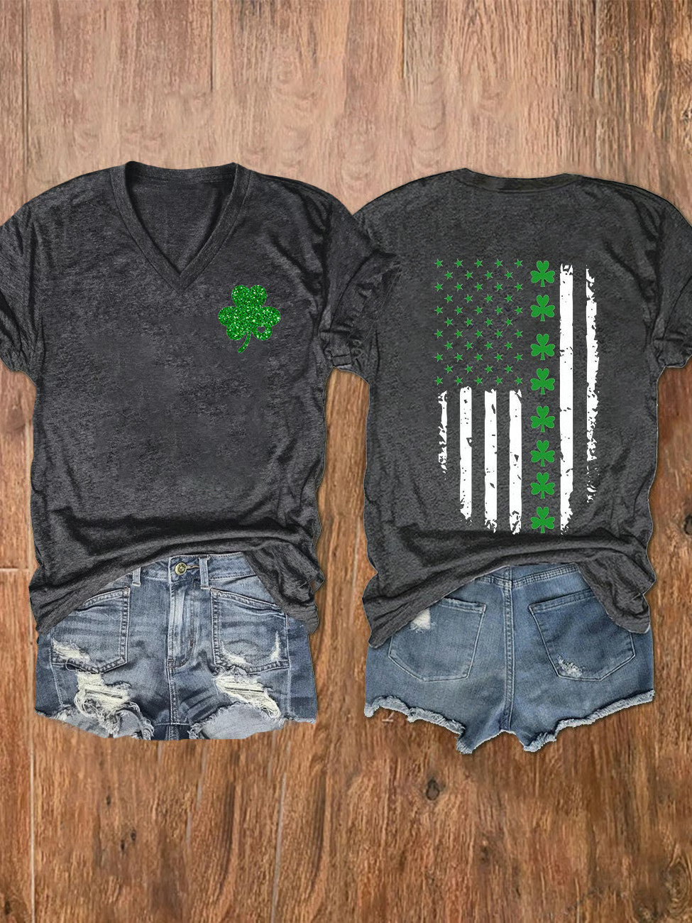  Women's St. Patrick's Day Flag Shamrock Print V-Neck T-Shirt - TradiViet