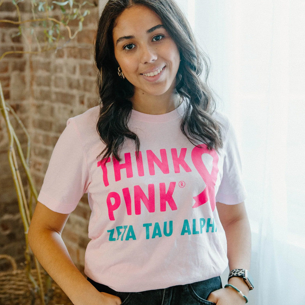 Zeta Tau Alpha Merch Think Pink T-Shirt Pink Ribbon Shirt Breast Cancer Awareness Merch Gifts - Lily Birch Market